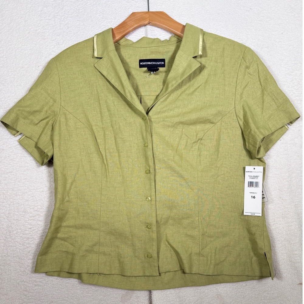 Norton McNaughton Women Green Linen Blend Blouse Short Sleeve 16 Coastal Travel